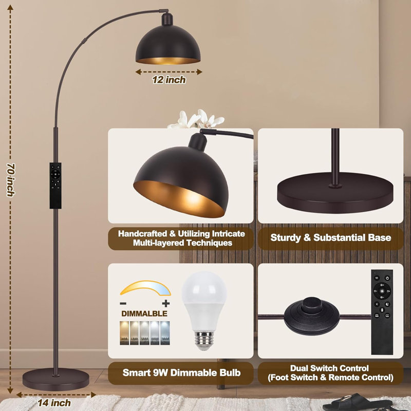 Arc Floor Lamp With Dimmable LED Bulb, Remote Control & Color Adjustment For Living Room, Black