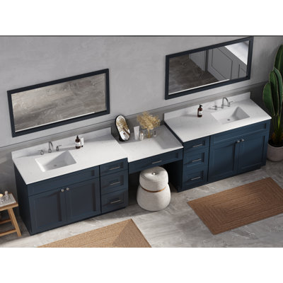 Disar 132'' Double Bathroom Vanity With Desk Dovetail Solid Wood Drawer Carrara Quartz Top