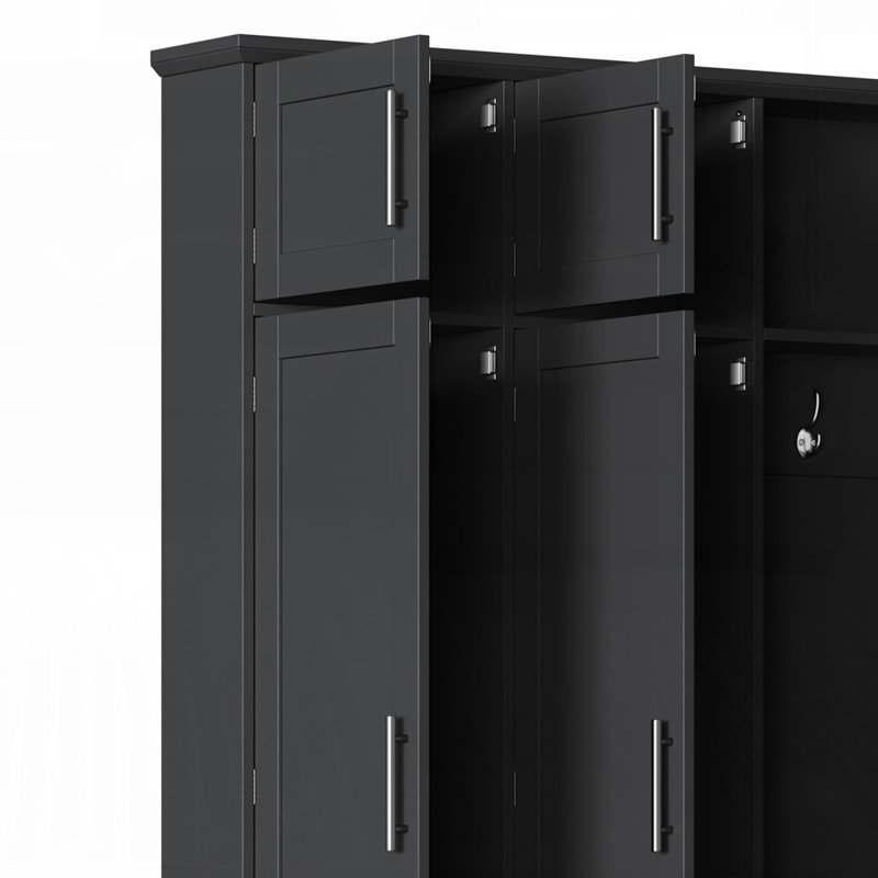 Farmhouse Hall Tree with 4 Hidden Hooks, Versatile Walnut Seating Bench, and 8-Door Shoe Cabinet for Entryways, Black