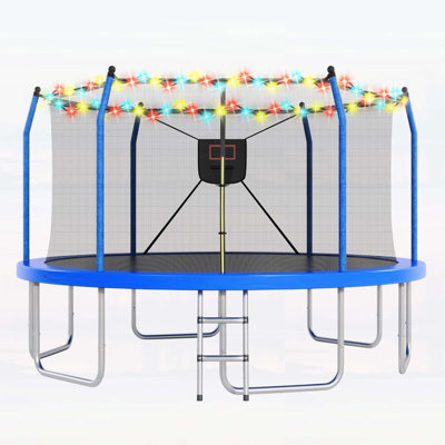 14FT Trampoline with LED Lights and Basketball Hoop, Safe and Durable for Family Fun