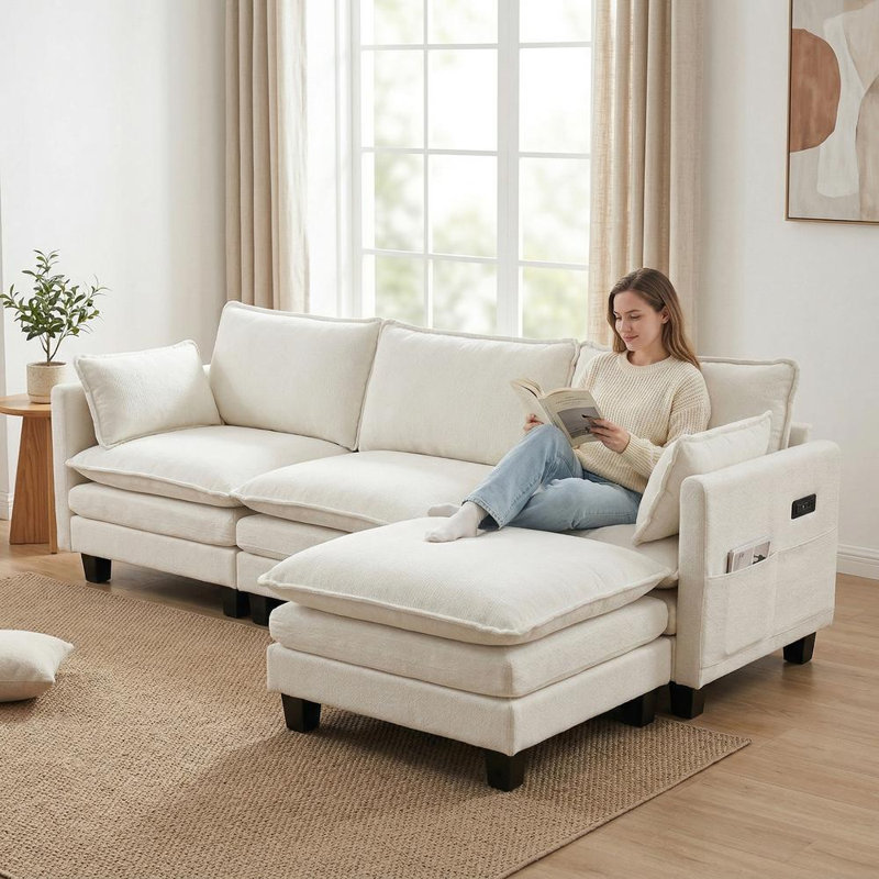 Collection de sièges de repose-pieds Elegant, Chenille beige / blanc