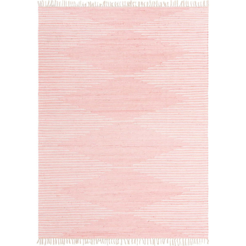 Tapis rose / blanc en coton tissé à la main, Rectangle 7 pi 10 po x 10 pi