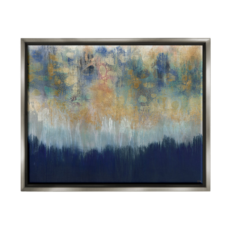 Abstrait, art texturé sur toile bleu doré, H 17 po x l 21 po x P 1,7 po, Cadre flottant gris lustré