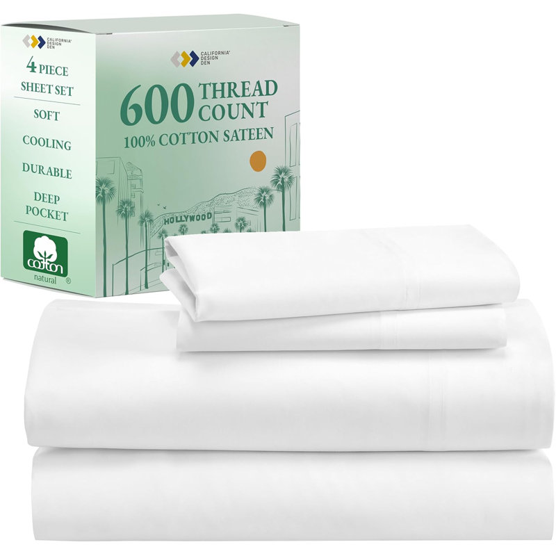 Ensemble de draps de luxe - 100% coton, draps de grande taille à densité de tissage 600 fils, draps de qualité hôtelière avec tissage en satin de coton - blanc éclatant