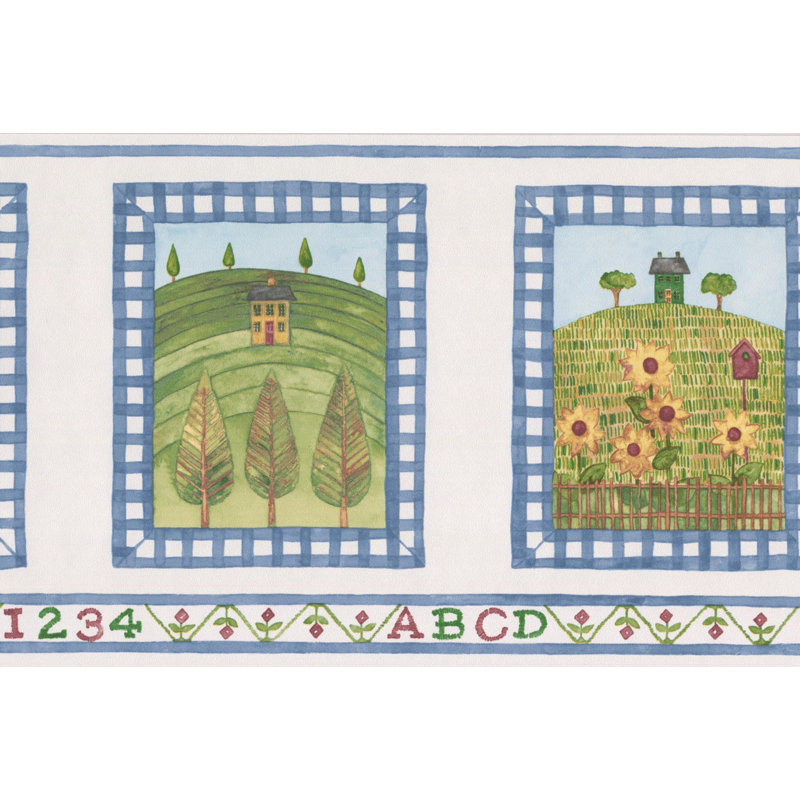 Christofer photos de la maison sur la colline, arbres, tournesols, bordure murale, Blanc