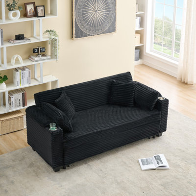 Canapé-lit extensible multifonctionnel en velours côtelé noir 80 pouces avec porte-gobelet adapté au salon