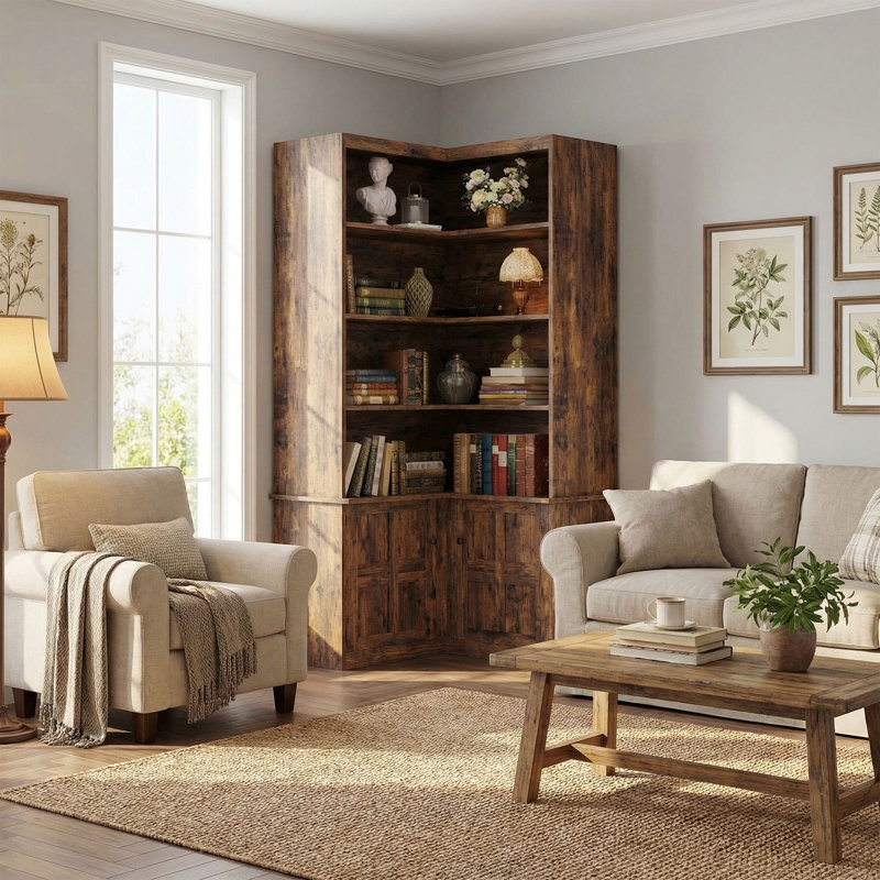 82.6" Corner Bookshelf with Doors, 6 Tier Large Corner Bookcase, Vintage Brown