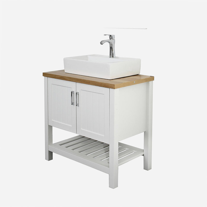 Meuble-lavabo 32 po avec lavabo, meuble-lavabo simple avec portes et tablette ouverte, petit meuble-lavabo en bois massif avec lavabo, blanc + naturel
