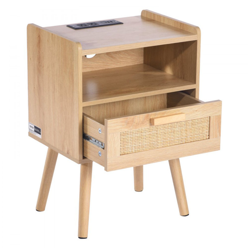 Rattan Nightstand - Stylish Boho Bedside Table with Drawer and Open Shelf. Crafted with Solid Wood Legs and Rattan, This Wooden Nightstand with a Charging Station is Ideal for Bedroom