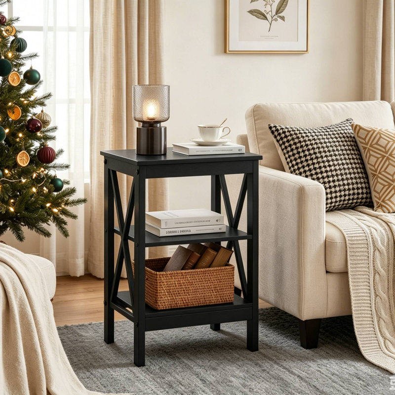 Table de chevet haute en forme de X Alonso avec tablette ouverte et 3 niveaux de rangement pour chambre ou salon, Noir