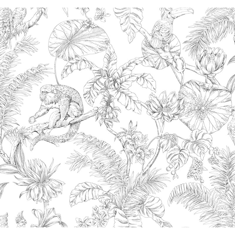 Tropical Sketch Toile Vinyl Wallpaper Roll, Black