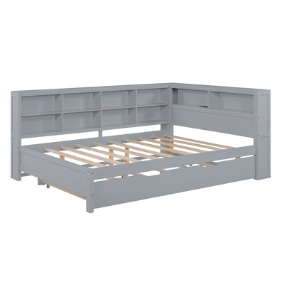 Wooden Full Size Daybed With Twin Size Trundle, Daybed With Storage Shelf And USB Charging Ports,Grey(Old SKU: HL000075AAE)