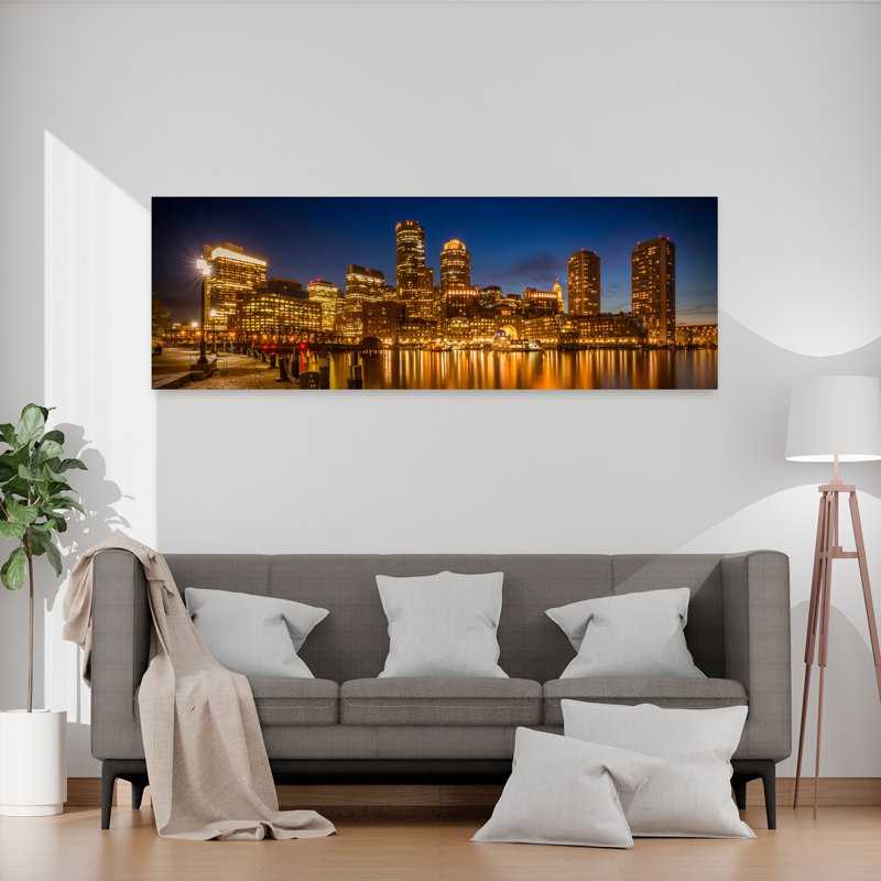 «Boston Night Skyline Serene Tranquil Abstract City Landscape», art mural, H 20 po x l 60 po