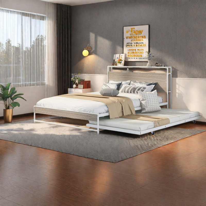 Grands lits avec lit gigogne et USB, chambre à coucher moderne en bois et métal