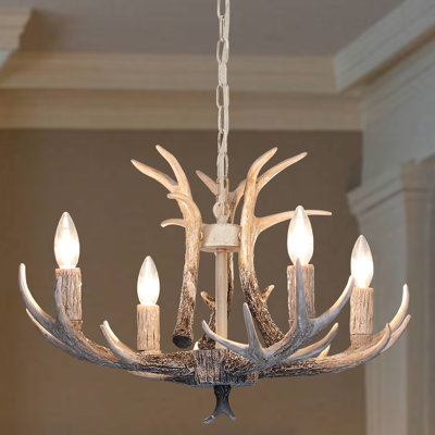 4 - Light 22.63" Dimmable Retro Countryside Resin Deer Horn Chandelier For Dining Room Kitchen Island Entryway Cafes Bar Area