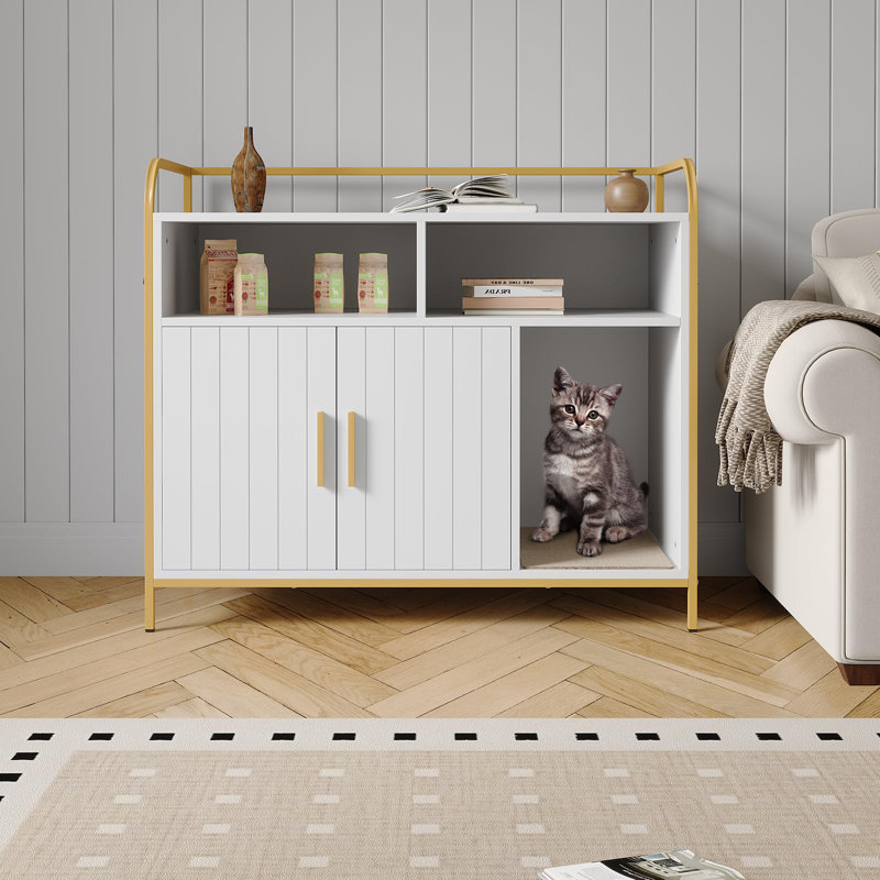 Enceinte de litière pour chat, litière cachée avec 2 tapis de rangement et grattoirs, armoire à double porte, structure en métal et entrée avant