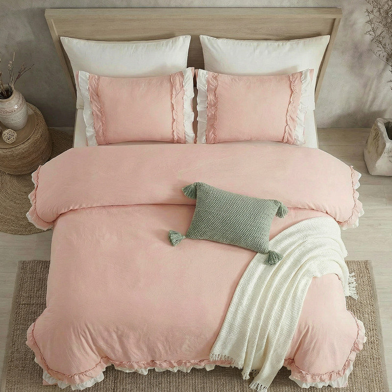 Ensemble de literie à housse de couette à volants et à volants, Rose/Blanc, Housse de couette très grand et 2 taies d'oreille