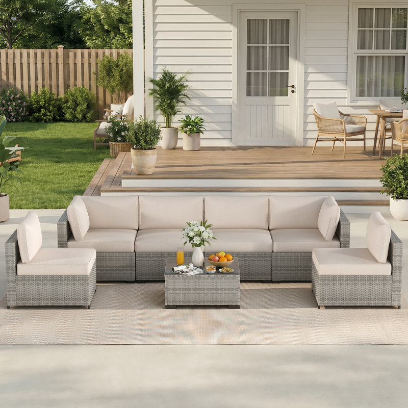 Ensemble de conversation d'extérieur en rotin 7 pièces avec coussins, Grey/Beige