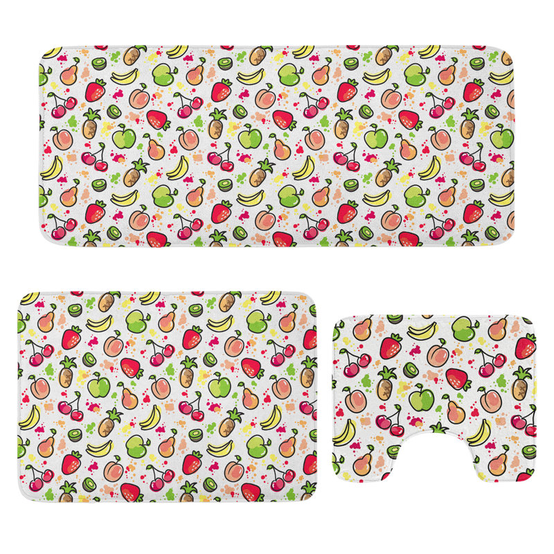  Fruits Bathroom Rug Set 3 Pieces U-Shape & Rectangle Mats Peach Lime Green Red