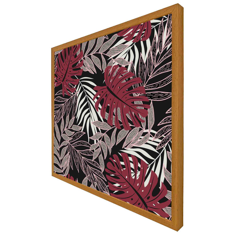 Tashina Tropical Leaves In Red, White & Grey - Single Picture Frame Print, 41cm H x 41cm W x 4cm D, Oak Framed