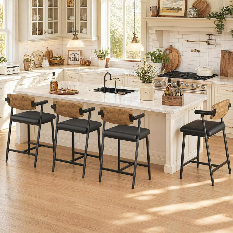 Ensemble de 6 tabourets de bar, chaises de comptoir avec accoudoirs, dossier en bois et repose-pieds, brun rustique