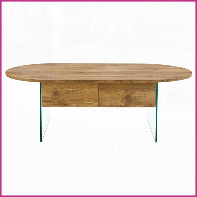 Table basse ovale en panneau de fibres à densité moyenne avec pieds en verre trempé - 43,3 po x 23,6 po Assemblage facile