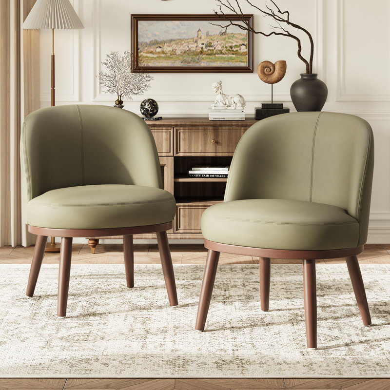 Modern Barrel Faux Leather Upholstered Accent Chair with Solid Wood Legs, Olive