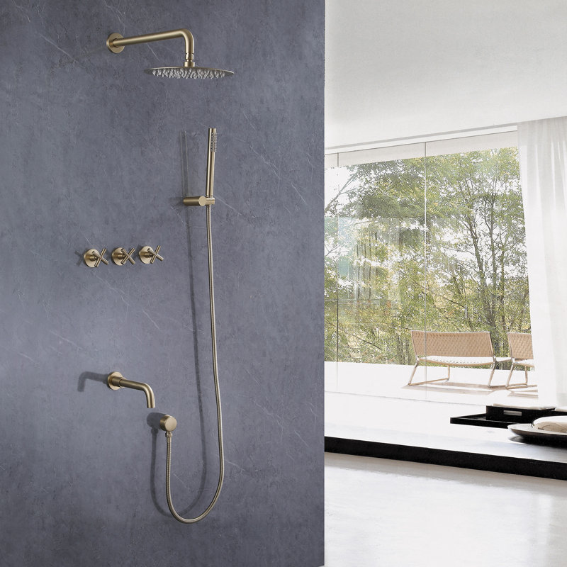 Système de douche mural complet à 3 fonctions avec pomme de douche à effet pluie, douchette à main et bec de baignoire