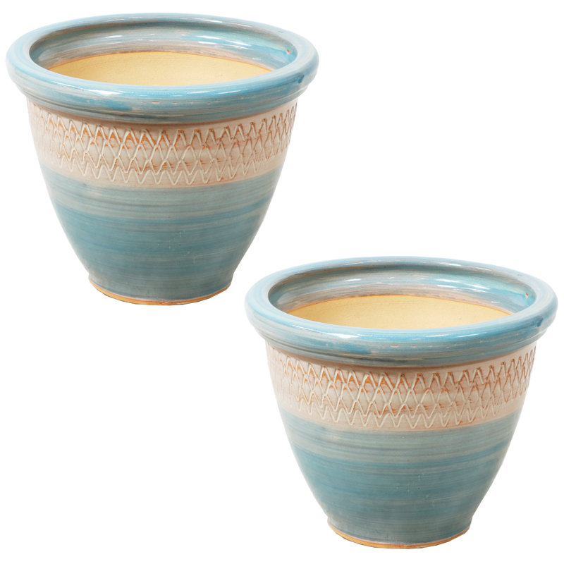Chanze Indoor/Outdoor Planter - 12" x 12" x 10" Round Ceramic Planter 2-Count - Blue/Beige, Blue/Beige, 10" H x 12" W x 12" D