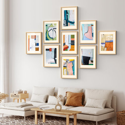 Art mural encadré, ensemble de galerie, collage, symbole coloré, variété de formes abstraites, art moderne, style bohémien minimal pour salon, bureau, chambre à coucher - 12 po x 16 po x 9 po, naturel