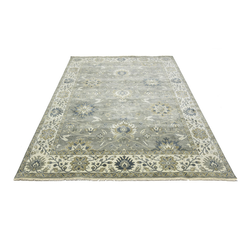 Floral Handmade Hand-Knotted Rectangle 9'1" x 11'10" Wool Area Rug in Cream