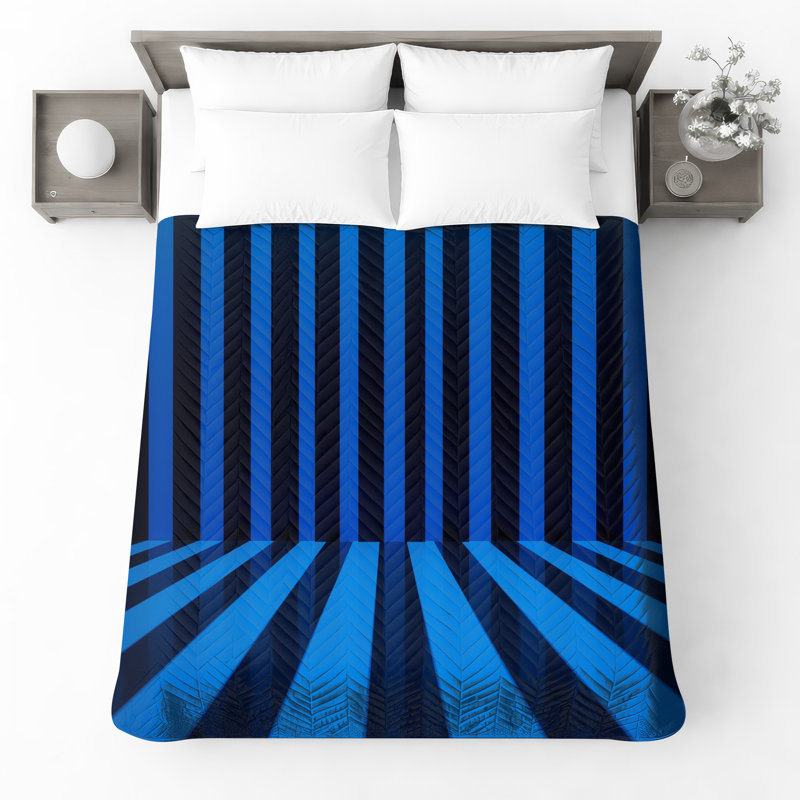 Blue Black Vertical Stripes Bedding Stripes Bedspread Pattern, Queen