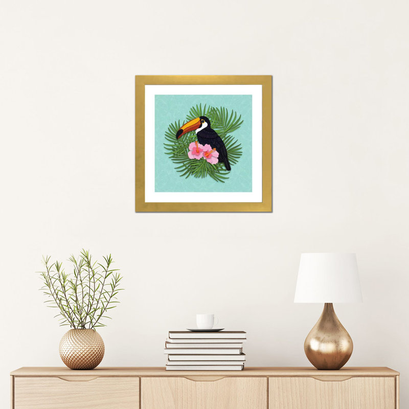 «Toucan Summer» par Angelika Parker, impression, H 16 po x l 16 po x p 1 po, Papier encadré doré, Blanc