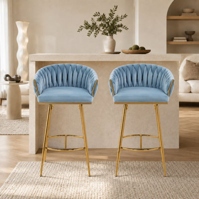 Glam Tufted Bar Stools (Set of 2) -  Upholstered Counter Stools with Gold Metal Legs for Kitchen & Ba