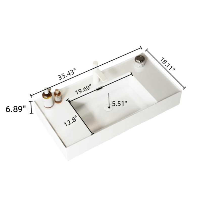 Meuble-lavabo de 36 po - lavabo vasque, lavabo en acrylique blanc, tablettes en noyer foncé, lavabo pratique à fonctions rectangulaires, rangement pratique