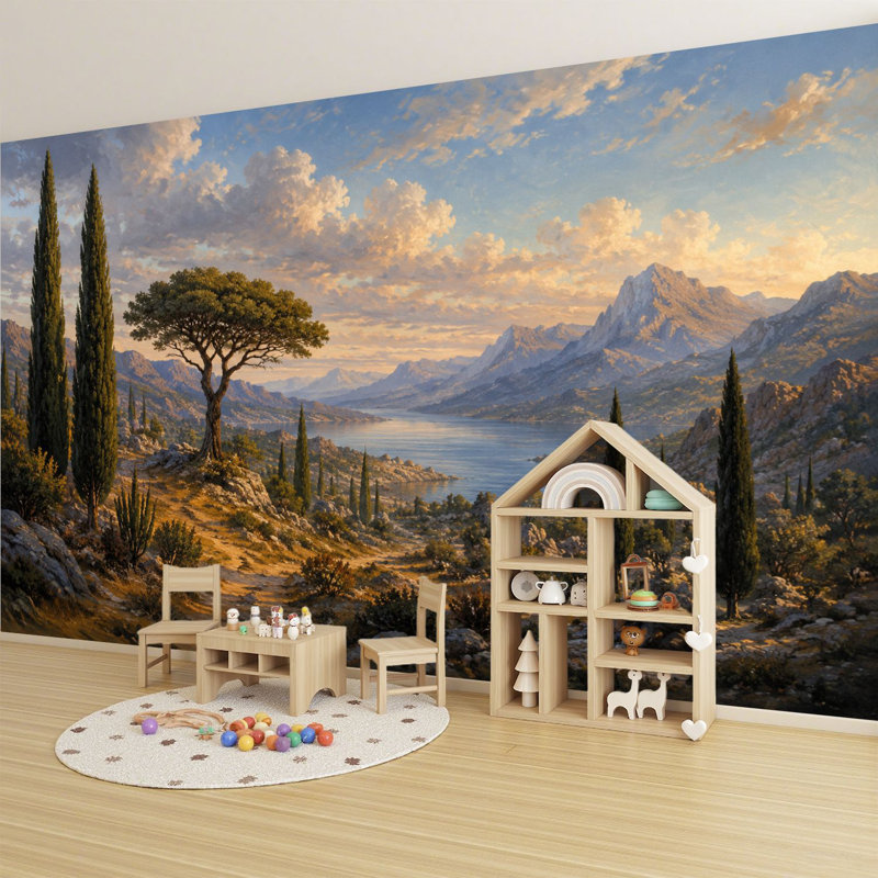 Papier peint auto-adhésif paysage méditerranéen Cypress Trees Mountain View Vintage Style Wall Murals, L 144 po x l 100 po