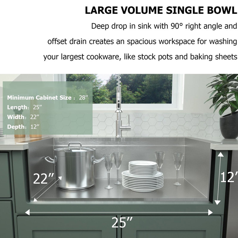 Évier de cuisine en acier inoxydable 25 po x 22 po x 12 po - À encastrer avec un trou de drainage standard de 3,5 po