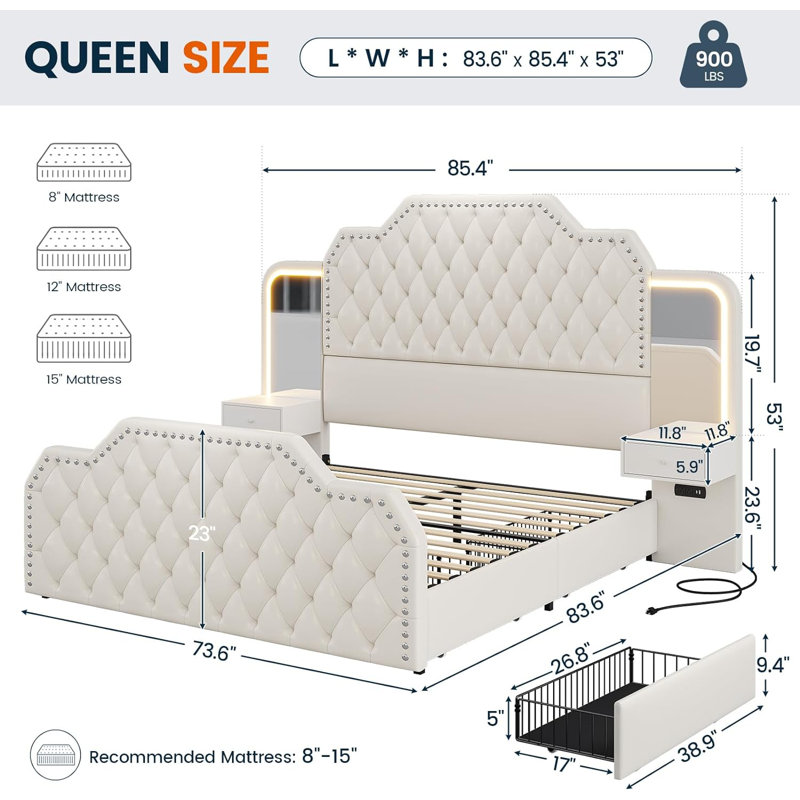  Karlton Platform Bed with Fabric Upholstered Headboard 4 Storage Drawers LED Tall Platform Bed Frame, Queen, White