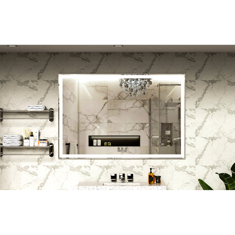 Grand miroir de salle de bain 60 po x 40 po, imperméable, cadre en aluminium avec finition brillante et lisse, 3 modes, écran tactile intelligent