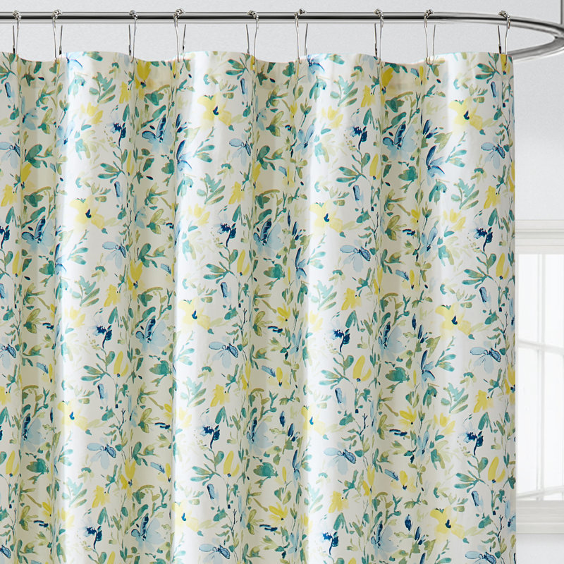 Nora Blue Floral Cotton Shower Curtain with Liner