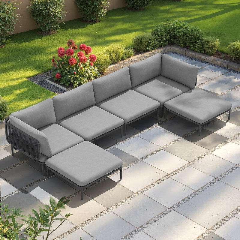 Canapé modulaire d'extérieur en métal avec coussins, Coussin gris / cadre noir