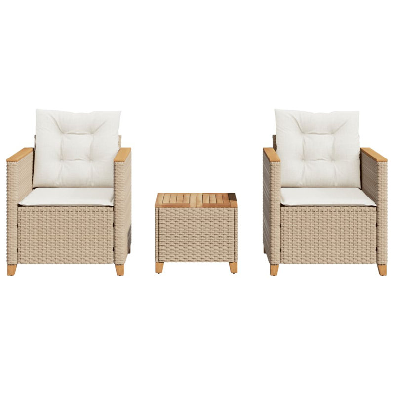 Ebern Designs 3 Piece Bistro Set With Cushions Black Poly Rattan Acacia Wood, Beige, Cream White