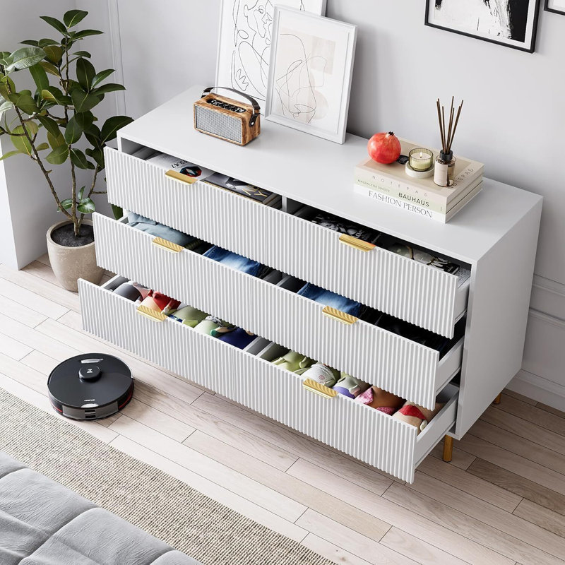 Commode de rangement cannelée à 6 tiroirs, Blanc
