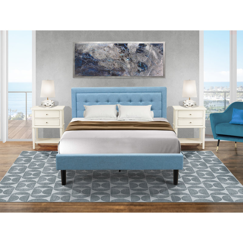 Ensemble de 3 pièces plateforme en bois pour chambre avec 1 grand lit et 2 tables de chevet modernes - Fabrication fiable et robuste - Tissu en lin bleu denim