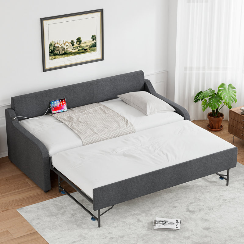 Upholstery Twin Daybed With Trundle & USB Port, Linen Dark Gray