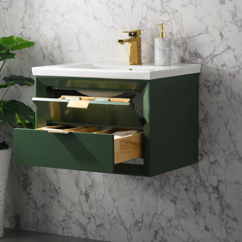 Ensemble de meuble-lavabo simple mural 24 po avec plateau en céramique Draven, Vert, null