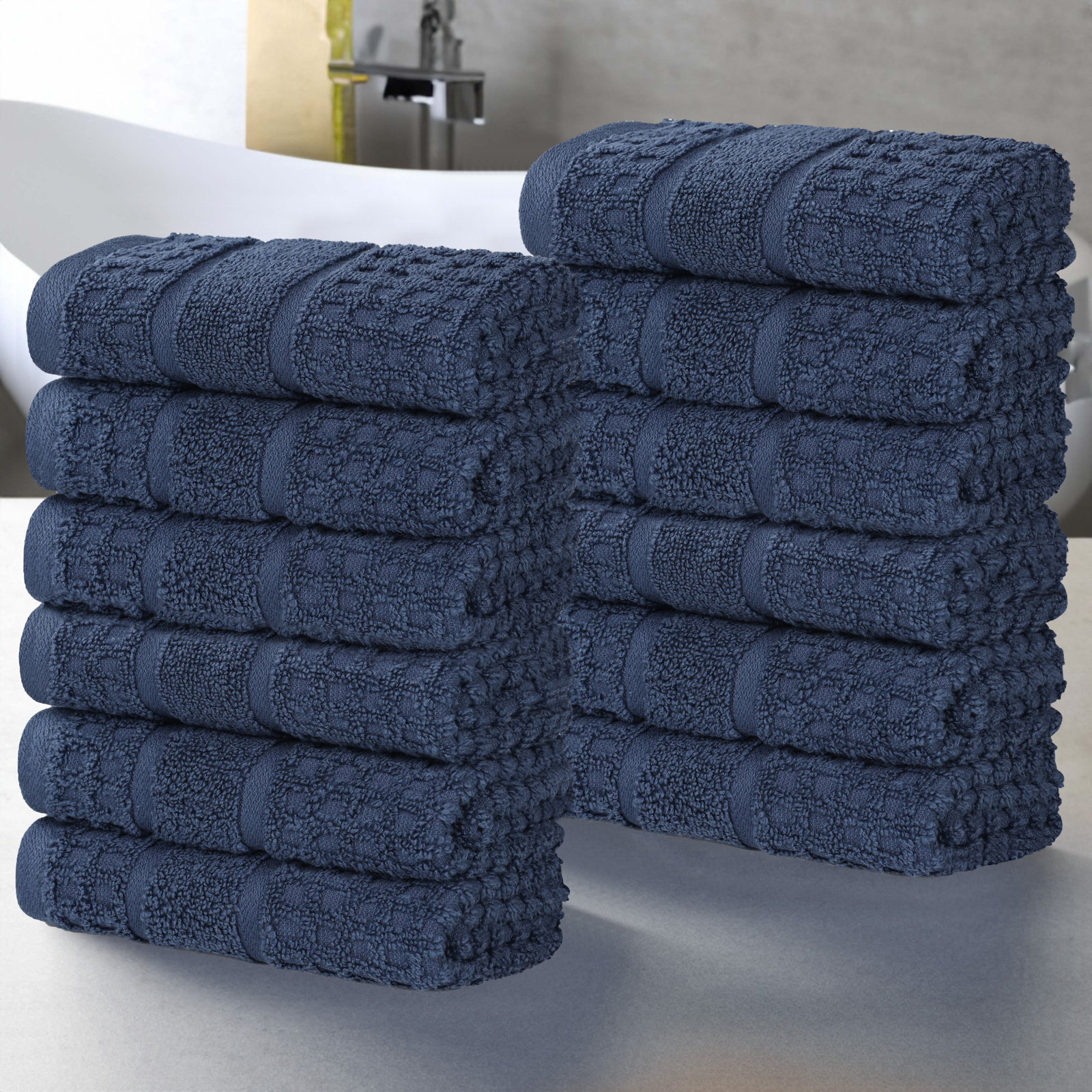 Hisela 3-Piece Waffle Cotton Towel Set, 12 Piece Towel Set, Denim Blue