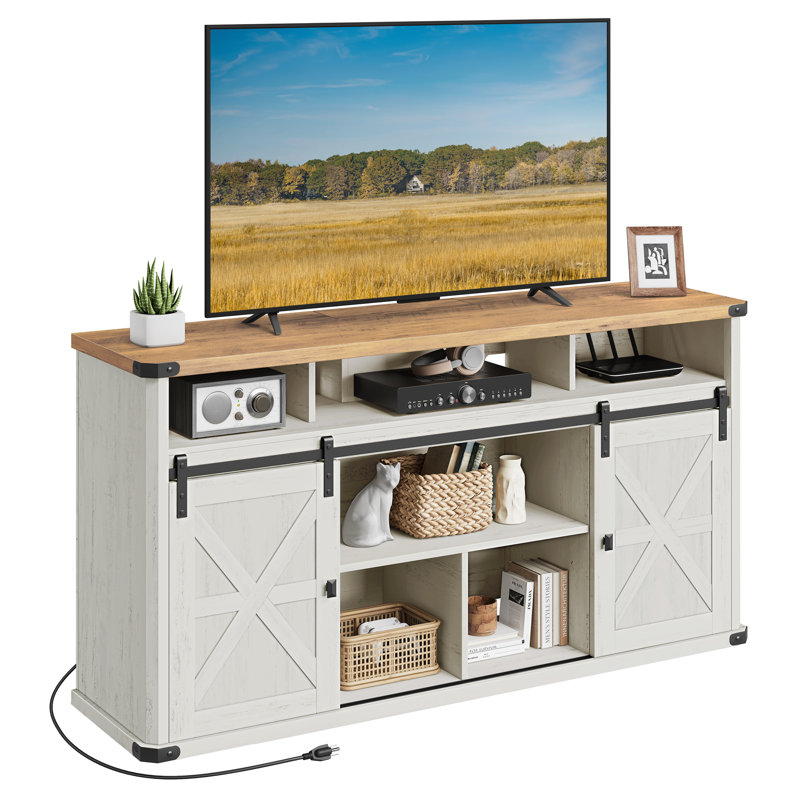 Cecilly TV Stand for TVs up to 65" with 2 Sliding Barn Doors and Built-In Charging Station, White/Brown