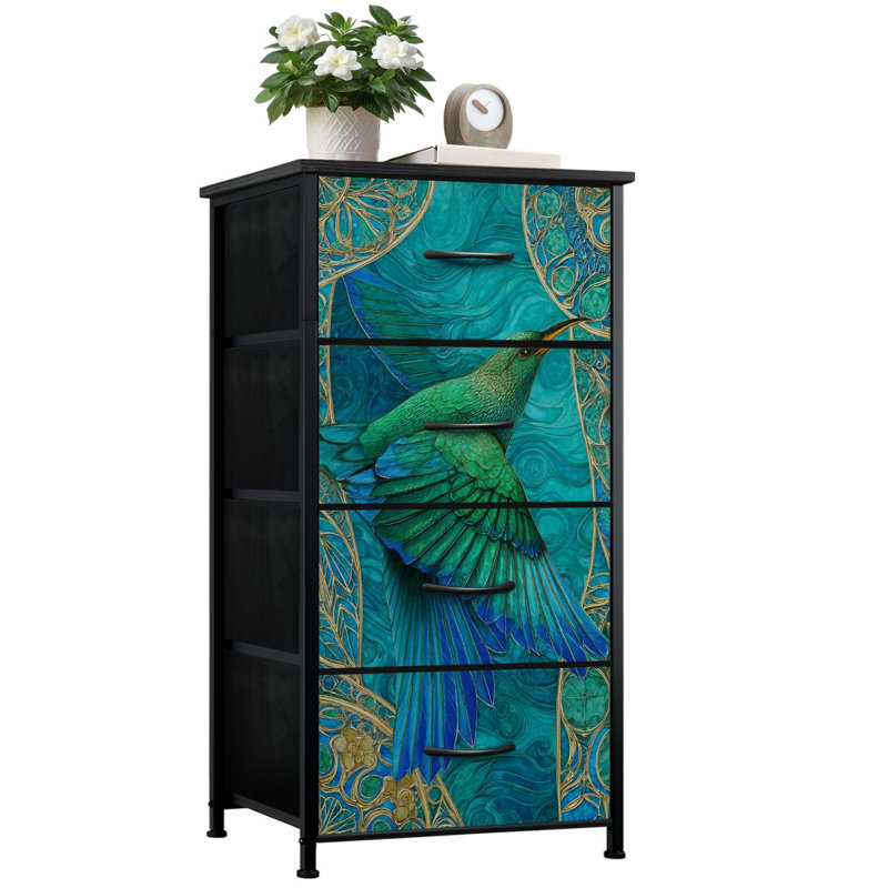 Commode vitrail pour la chambre à coucher avec 4 tiroirs de rangement Oiseau en plumes complexes tourbillonnant bleu vert