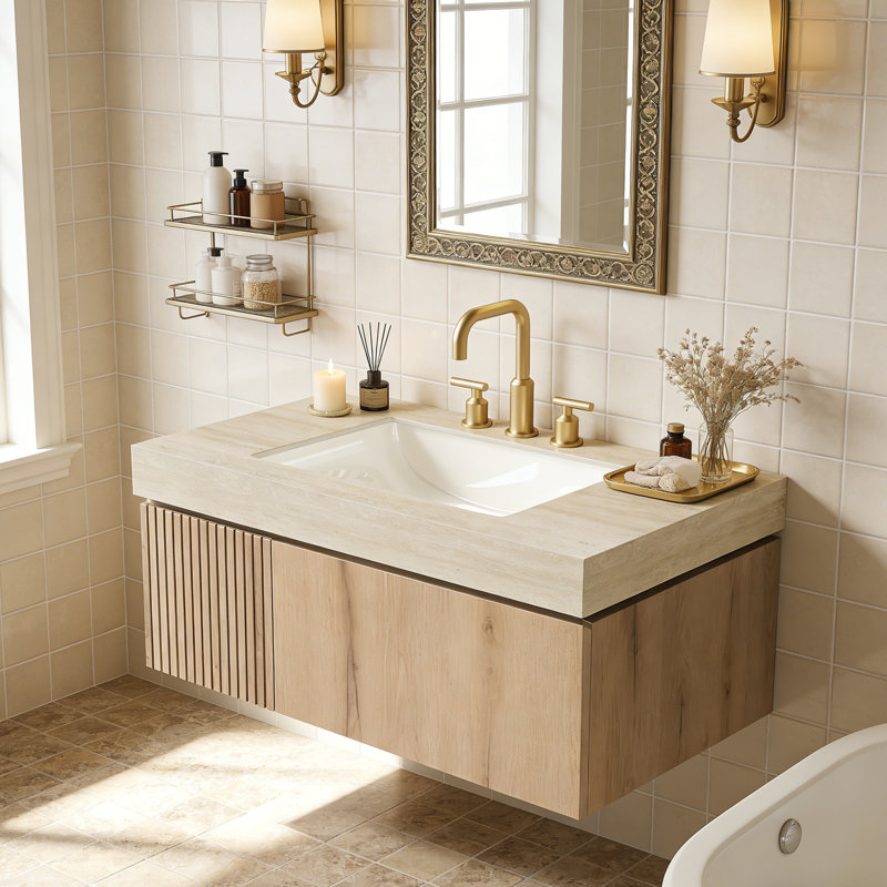 Meuble-lavabo flottant avec espace de rangement multifonctionnel et 3 trous de robinet pré-percés, Chêne blanc, 36"